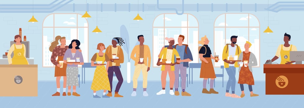 Cashier, barista standing behind counters, serving customers at cafe, restaurant. vector