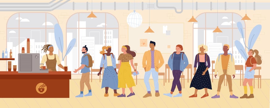 Hipsters, designers, students standing in queue to buy drinks, pastries at coffee house. vector