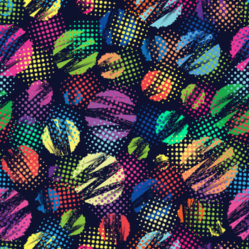 Abstract seamless pattern with circles, zigzag paint brush stroke, halftone elements. Multicolored circles on dark backdrop. Modern grunge texture with halftone. Perfect for sportswear, sporting goods vector