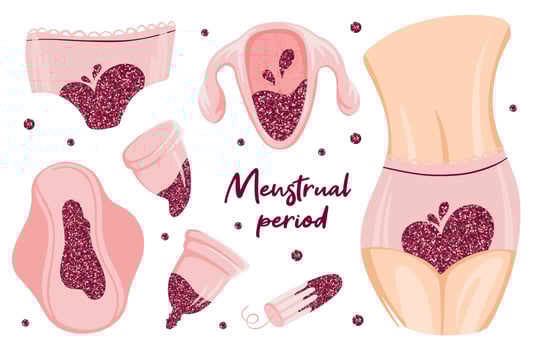 Menstruation Period with glitter blood. Hygiene products. Zero waste panties, pads, cups. Menstrual protection, feminine hygiene. Hand drawn vector illustration isolated.