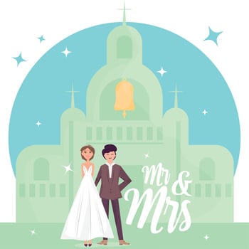 Happy married couple characters near a castle building Wedding template Vector