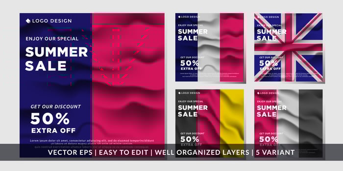Summer banner with the background of the flags of Germany, France, United Kingdom, Yemen. template social media post vector