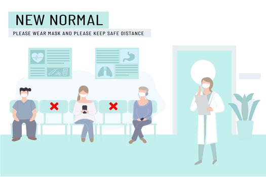 New normal lifestyle with social distancing.People wearing mask keep distance when sitting in queue, waiting for doctors.Hospital or clinic reception waiting room .Protection pandemic covid-19 corona vector