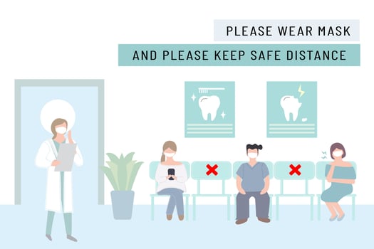 New normal lifestyle with social distancing.People wearing mask keep distance when sitting in queue, waiting for doctors.Hospital or Dental clinic reception waiting room .Protection pandemic covid-19 vector