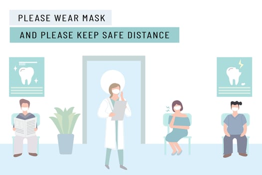 New normal lifestyle with social distancing.People wearing mask keep distance when sitting in queue, waiting for doctors.Hospital or Dental clinic reception waiting room .Protection pandemic covid-19 vector