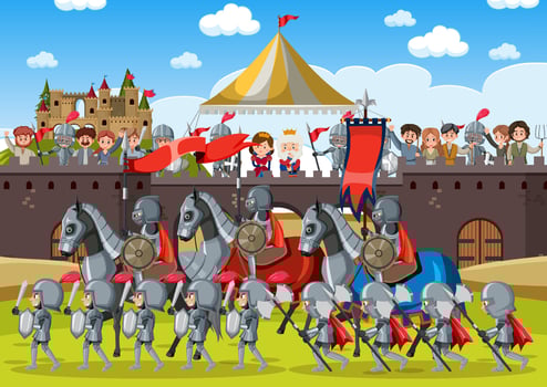 Outdoor scene with medieval knights with villagers vector