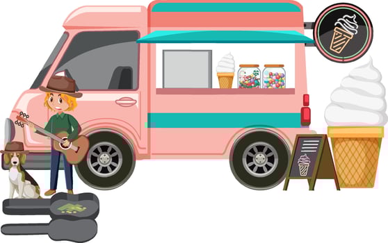 Man playing guitar at icecream truck vector