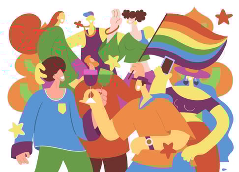 A crowd marching in a Pride parade.a trend that involves a diverse set of people, A vector illustration of a doodle