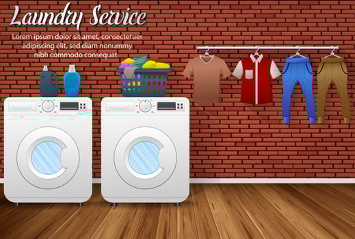 Laundry service design with washing machines and drying clothes on brick wall background vector