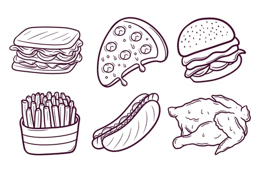 set of hand drawn junk food doodle illustration vector