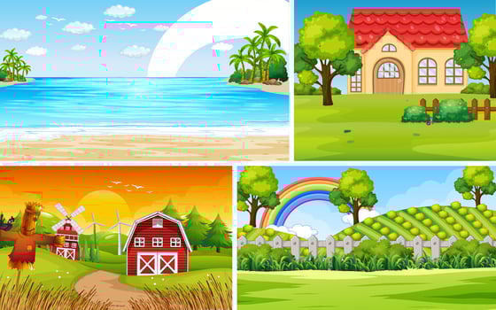 Four scene with house and barn vector