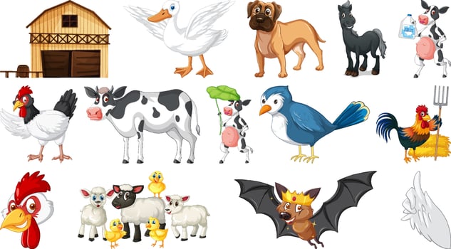 Many farm animals on white background vector