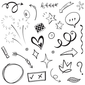 Hand drawn set elements, Abstract arrows, ribbons, hearts, stars, crowns and other elements in a hand drawn style for concept designs. Scribble illustration. Vector illustration.