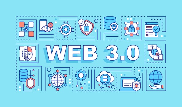Web 3 0 word concepts turquoise banner. Low code platform. Infographics with linear icons on background. Isolated typography. Vector color illustration with text. Arial-Black font used