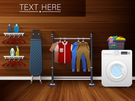 Laundry room interior with washing machine, ironing board and drying clothes vector