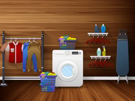 Laundry room interior with washing machine, ironing board and drying clothes vector