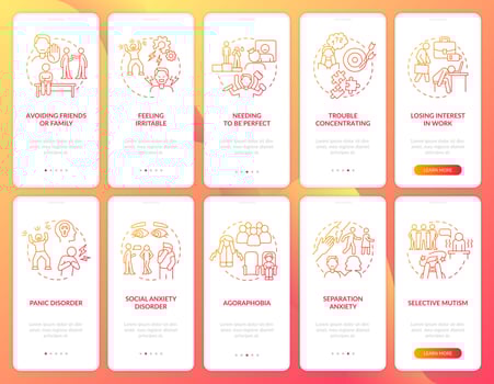 Anxiety disorder red gradient onboarding mobile app screen set. Mindset walkthrough 5 steps graphic instructions pages with linear concepts. UI, UX, GUI template. Myriad Pro-Bold, Regular fonts used vector