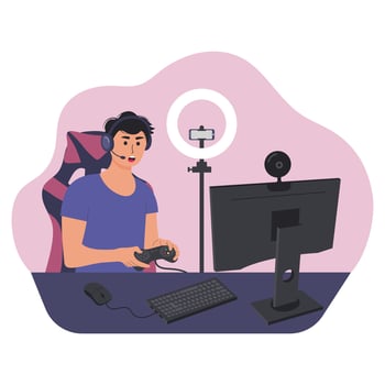 Streamer playing an online video game on computer and recording video using web camera and microphone. vector