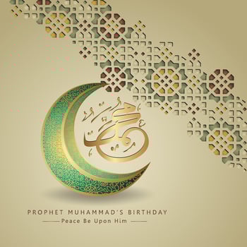 Prophet Muhammad in arabic calligraphy with elegant crescent moon and realistic Islamic ornamental detail of mosaic for islamic mawlid greeting backgrounds. vector