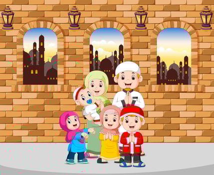 the family give the greeting of ied mubarak in their house vector
