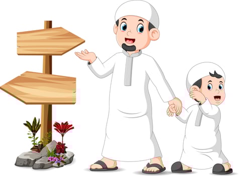 a child with his father is standing and posing near the blank wooden signpost vector
