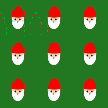 Vector design of Santa Claus face, oval face with red hat and white beard isolated placed on green background for seamless use, Christmas and happy new holiday celebration.