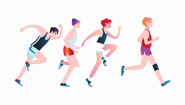 Men  dressed in sports clothes running marathon race. Flat cartoon characters isolated on background. Vector illustration