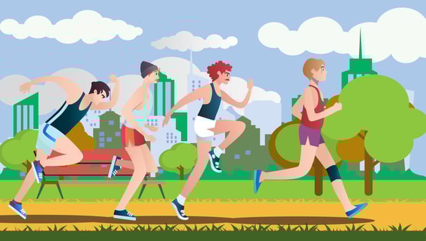 Men  dressed in sports clothes running marathon race. Flat cartoon characters isolated on background. Vector illustration