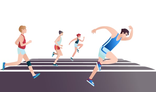 Men  dressed in sports clothes running marathon race. Flat cartoon characters isolated on background. Vector illustration