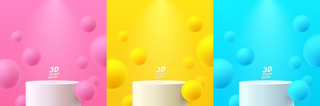 Set of white realistic 3d cylinder stand podium in yellow, blue and pink abstract room with sphere ball flying. Vector geometric forms. Minimal scene for mockup products showcase, Promotion display.