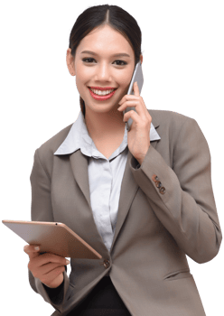 Asian businesswoman smiling with smartphone call and tablet in business suit uniform png