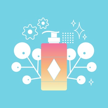 Cosmetic bottle on a blue background with leaves and geometric elements. Gradient on the appearance of the product skin care, hair. Flat style vector