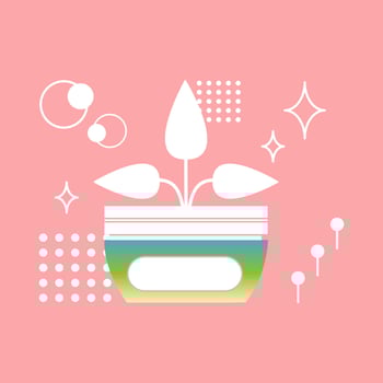 Cosmetic packaging with cream on a pink background with flowers and geometric elements. Gradient appearance of skin care product. Flat style vector. vector
