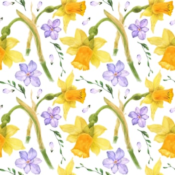 Yellow daffodil and purple freesia watercolor seamless pattern on a light background, traced watercolor vector