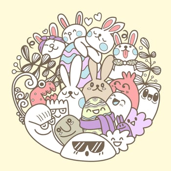 Vector Easter set with cute bunnies, flowers and eggs. Design in circle ,elements and signs in cartoon style. Vector illustration.