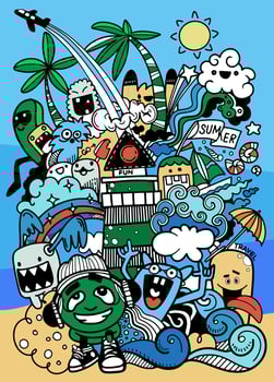Vector illustration with hand drawn doodle cute Monster and summer elements