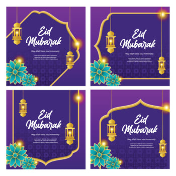 set of Illustration of Eid Islamic vector design greeting card template with purple background