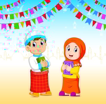 the boy and the girl is holding the al quran in the ramadhan event vector