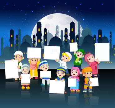 the children are holding their blank banner in night city vector