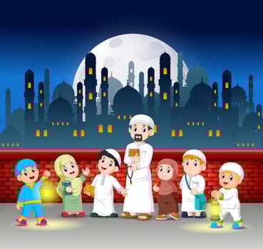 the children and their teacher are standing in front of the red wall vector