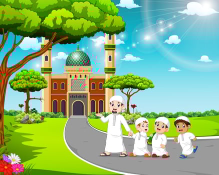 the children are walking to the mosque with their father vector