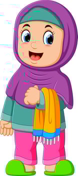the cute girl with purple veil is standing and holding her prayer rug vector