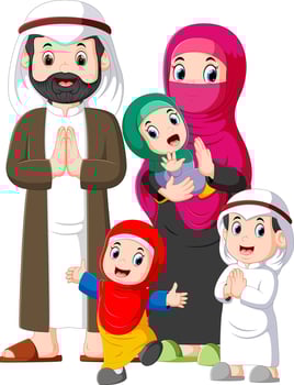 A muslim family with three children are giving the greeting forgiveness of ied mubarak vector