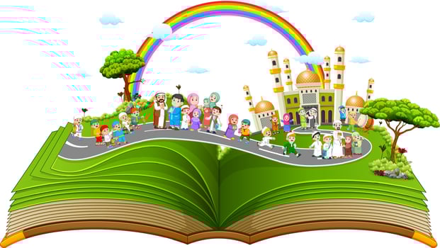 the beautiful story book with the muslim people on it vector