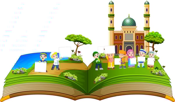the beautiful story book with the children holding the blank board vector