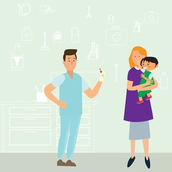 Doctor with syringe vaccinating child, accompanied by mother, with anti-virus vaccine injection in hospital. Vaccination for children. Colored flat vector illustration isolated on white background