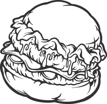Delicious burger fast food cartoon monochrome vector