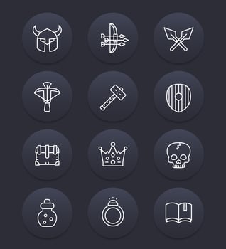 Game line icons set 2, armor, war hammer, crossbow, arrows and bow, RPG items vector