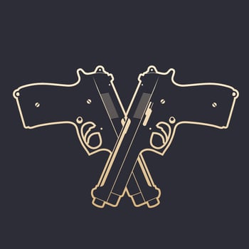 crossed modern pistols, two semiautomatic handguns, gold outline, vector illustration