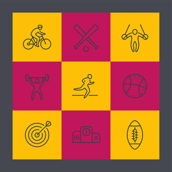 different kind of sports, line icons set, cycling, gymnastic, running, archery, marathon, basketball, baseball vector